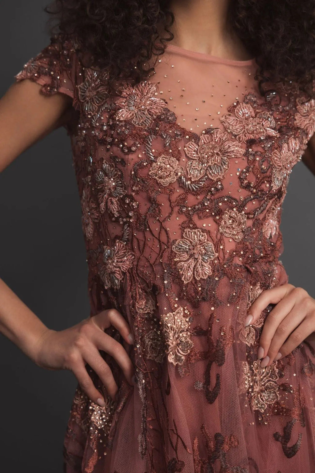 Cinnamon Floral Embroidered Cap Sleeve Evening Gown