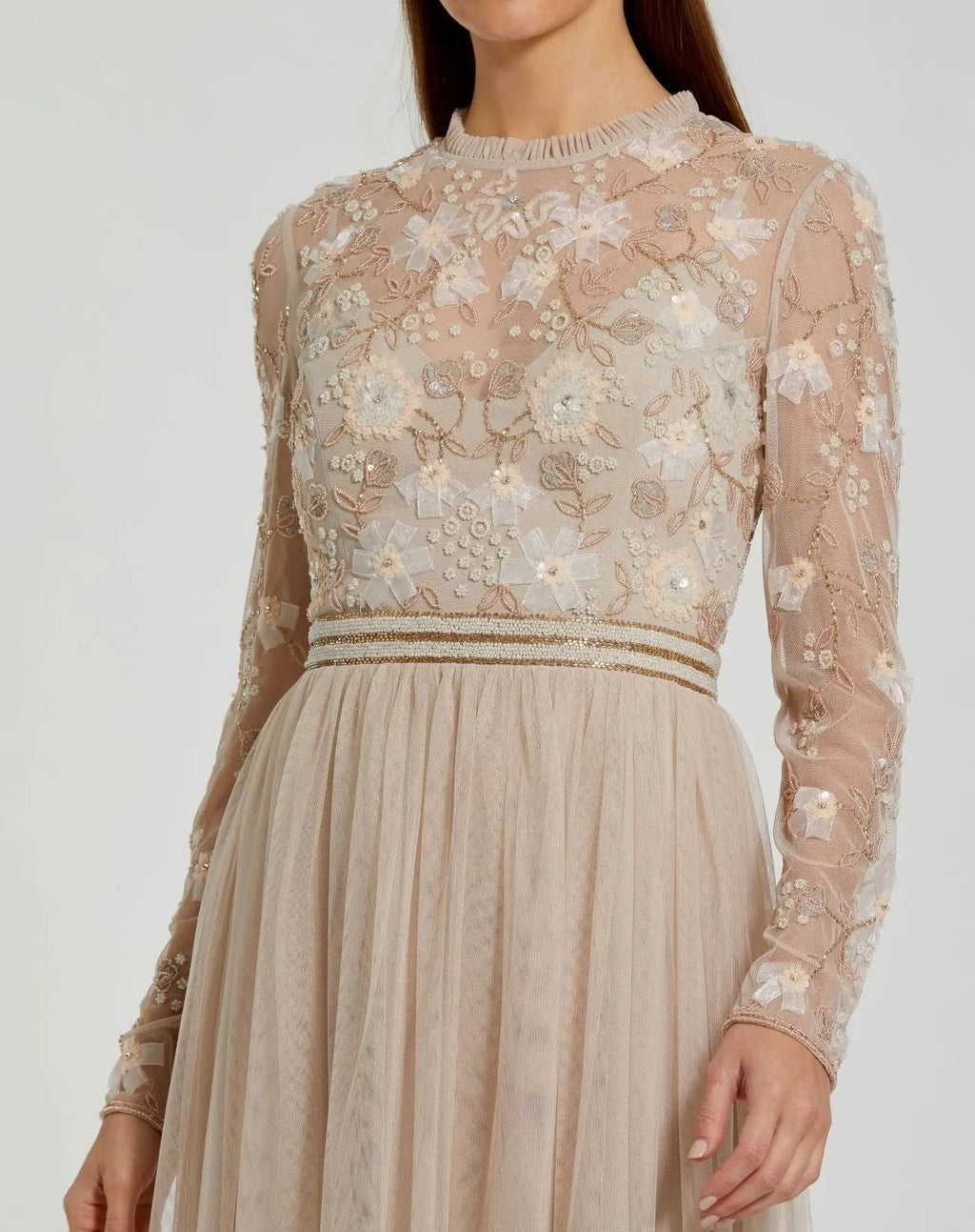 Vanilla Embellished Illusion High Neck Long Sleeve Gown