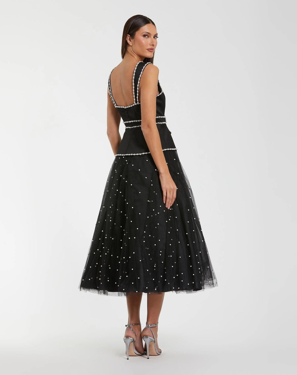 Black Sleeveless Embellished Crepe And Tulle Midi Dress