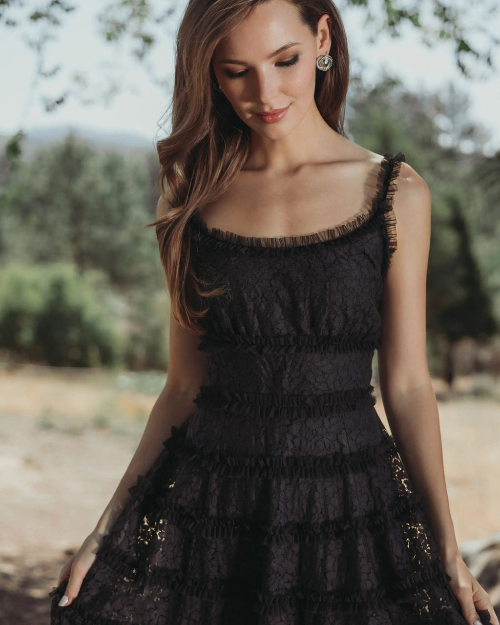 Black Floral Lace Ruffle Maxi Dress