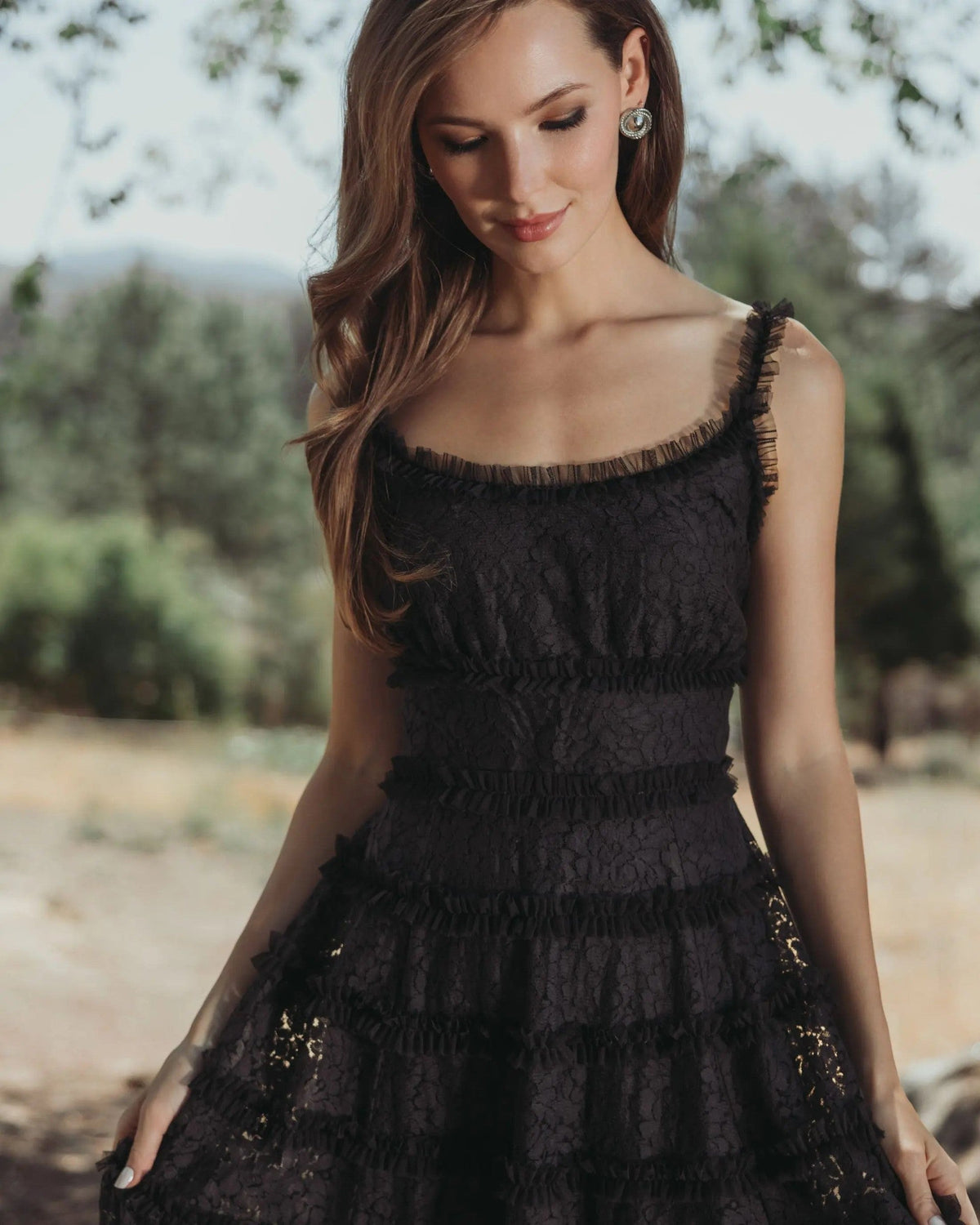 Black Floral Lace Ruffle Maxi Dress
