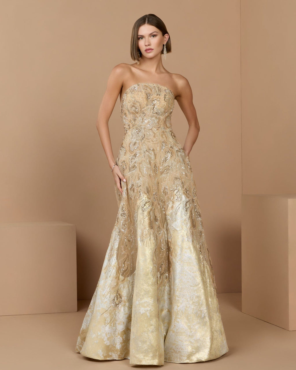 Champagne Strapless Embellished Brocade A-Line Gown