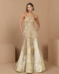 Champagne Strapless Embellished Brocade A-Line Gown
