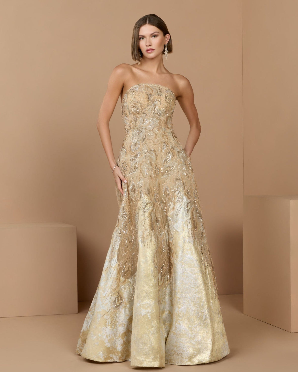 Champagne Strapless Embellished Brocade A-Line Gown