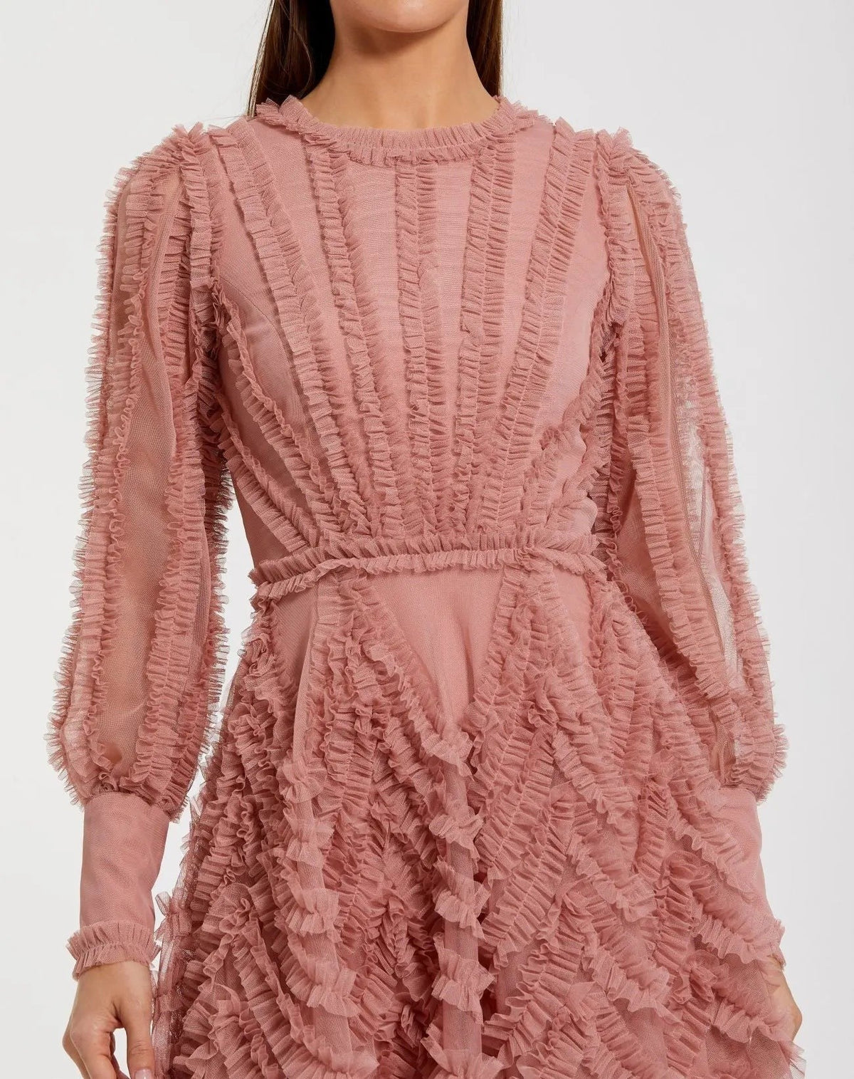 Rose Ruffle Lace Up Back Long Sleeve Mini Dress