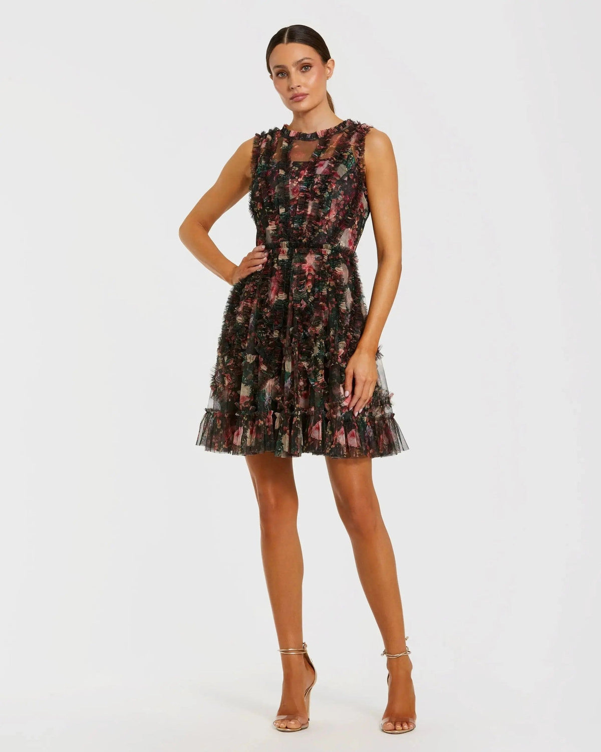 Black Multi Micro Ruffle Floral A-Line Mini Dress