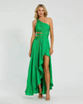 Green One Shoulder Pleated Charmeuse Gown with Slit