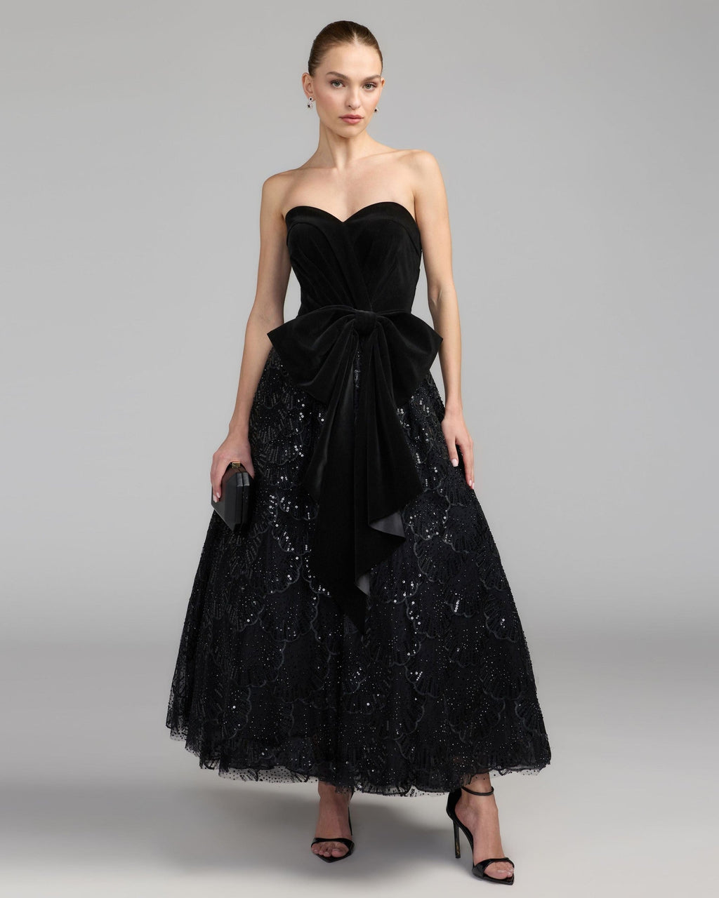 Black Velvet Bow Sequin Strapless A-Line Gown