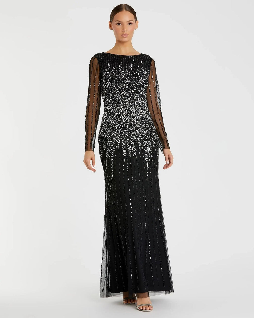 Black Sequin Embellished Long Sleeve A-Line Gown
