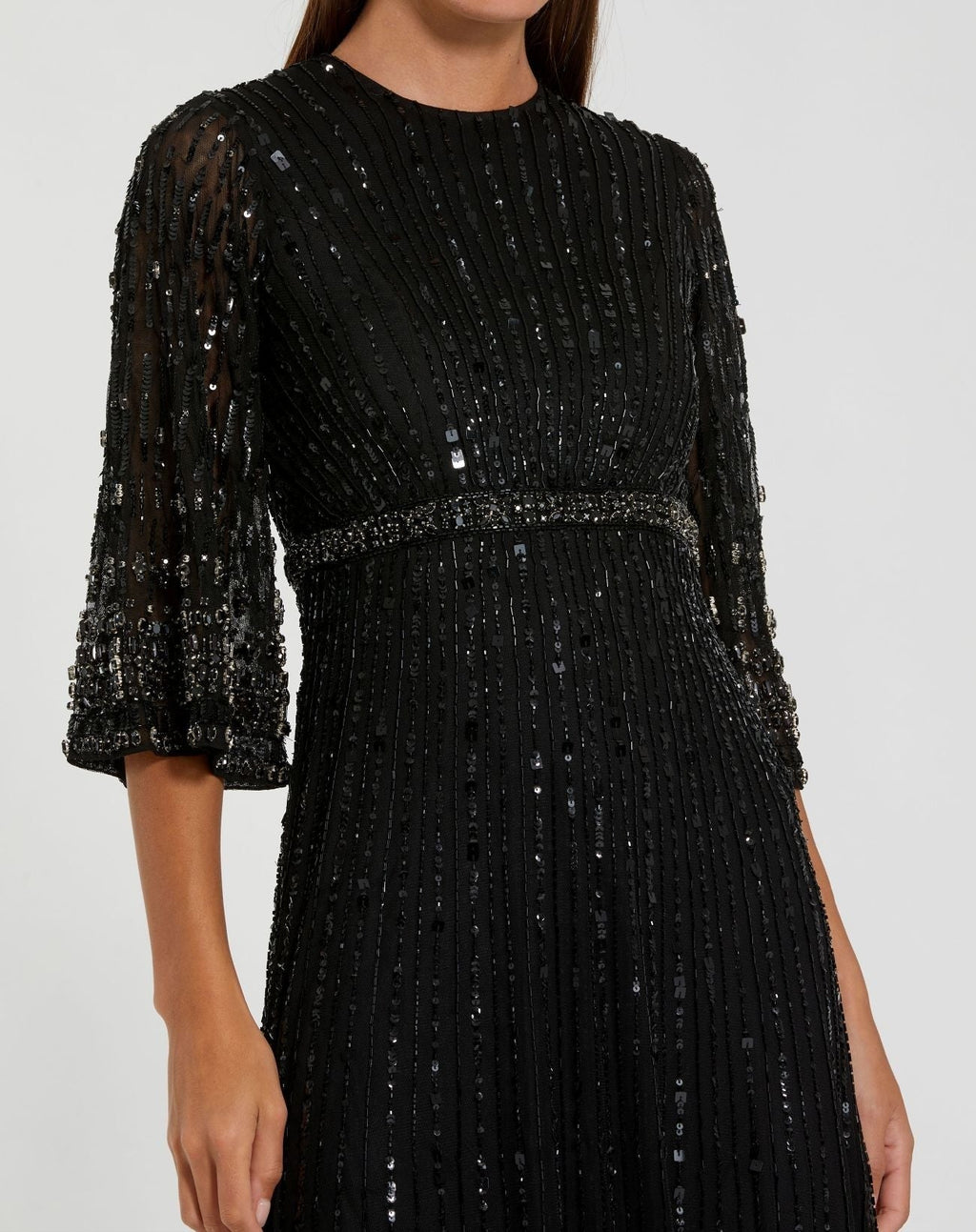 Petite Black High Neck Embellished Gown With 3/4 Sleeves