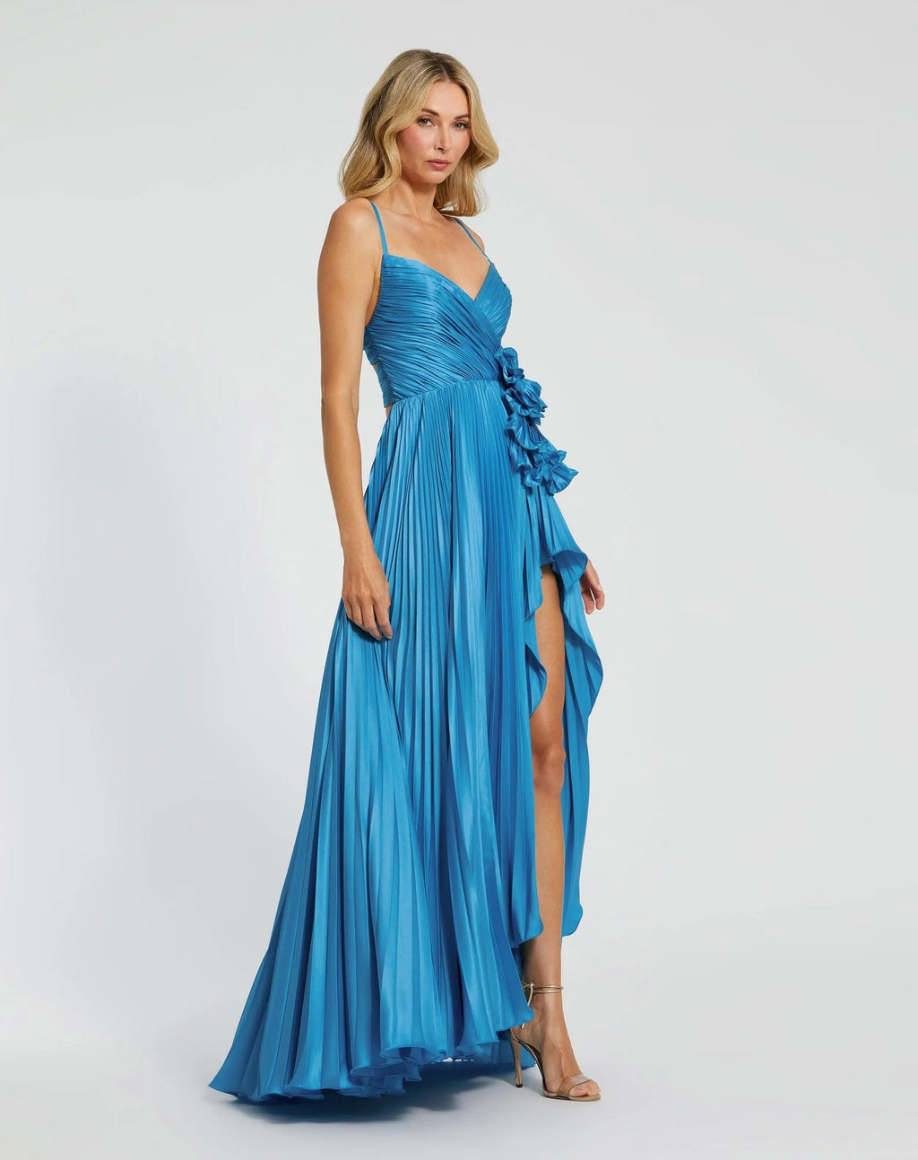 Turquoise Pleated High Low Gown with Rosette