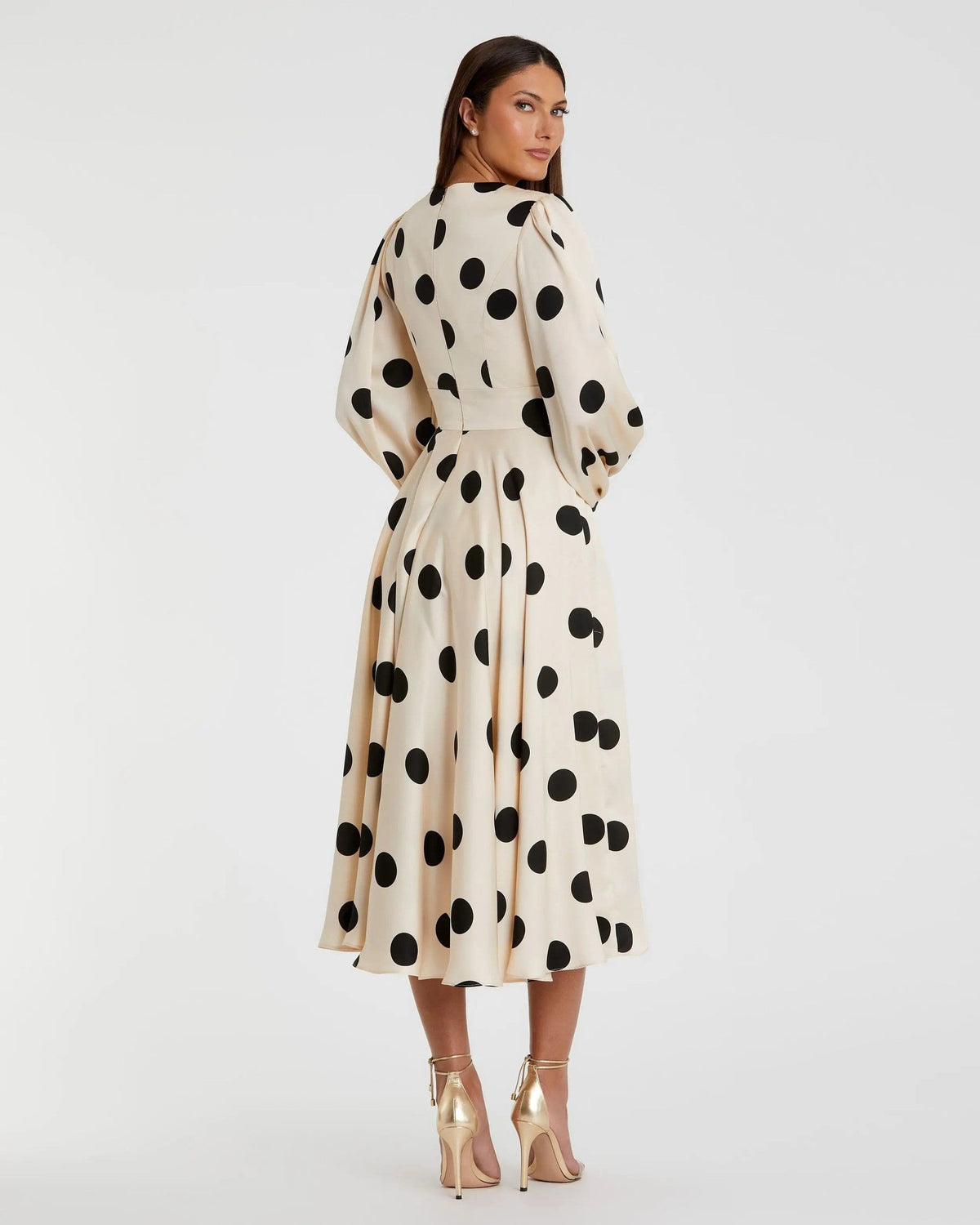 Beige Polka Dot Charmeuse Long Sleeve V Neck Midi Dress