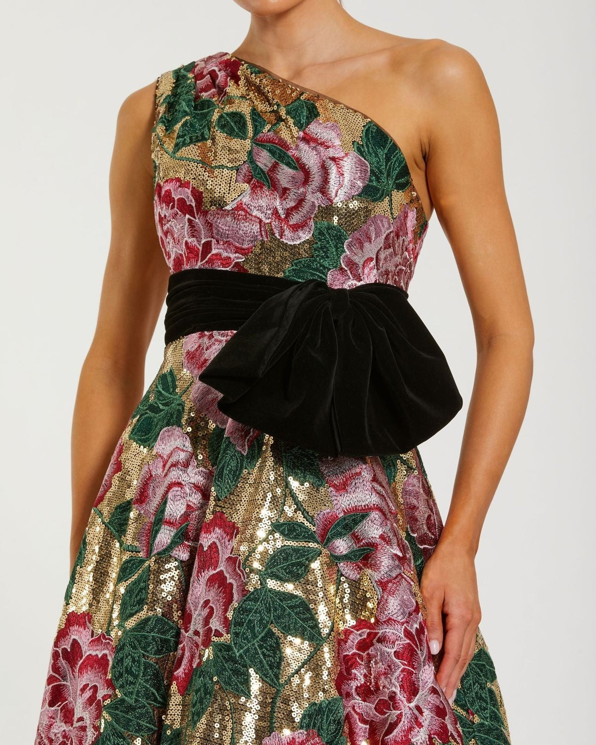 Gold Multi One Shoulder Sequin Ball Gown With Velvet Bow