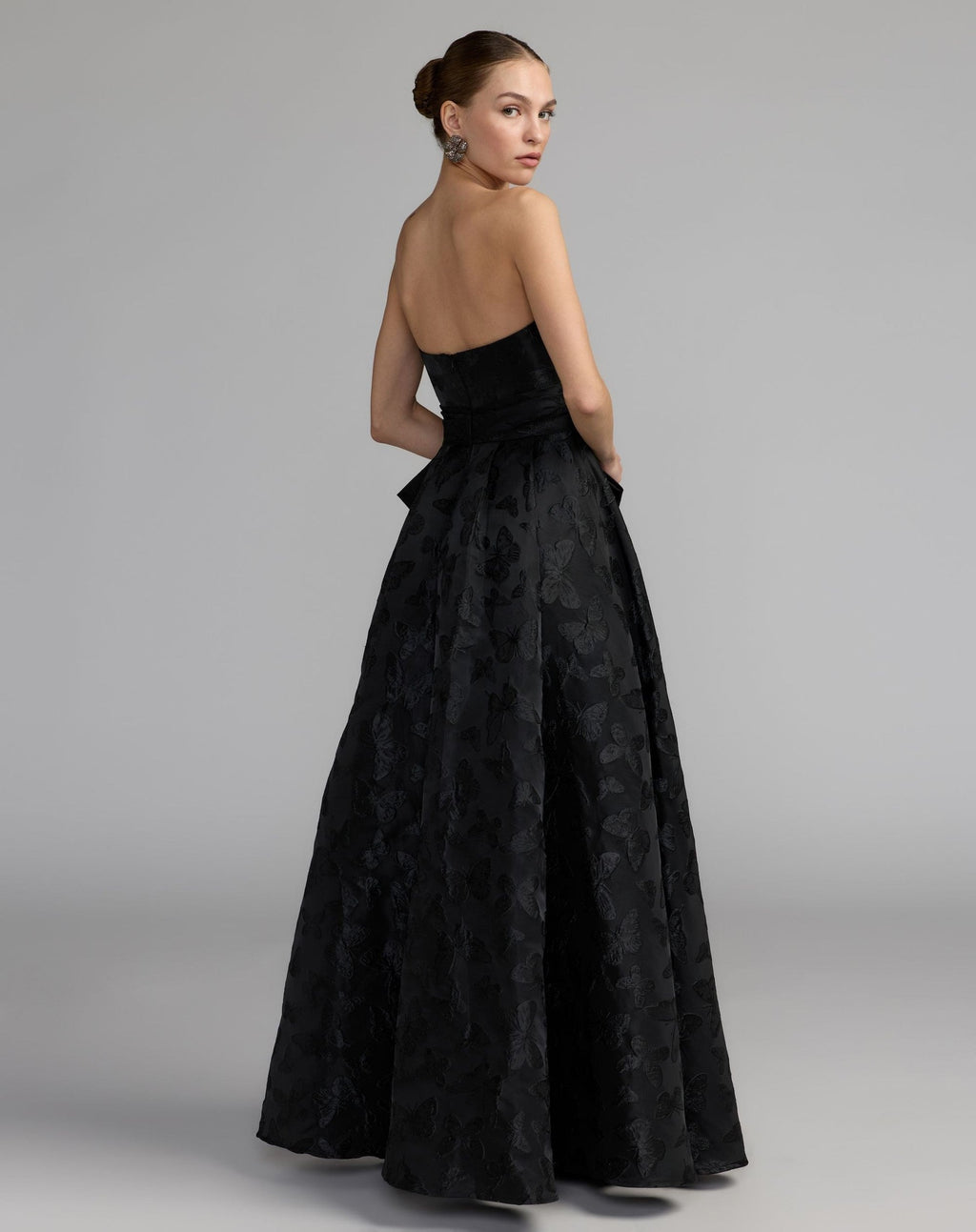 Black Strapless Brocade A-Line Gown With Bow