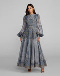 Slate Blue Bishop Sleeve Printed Cotton A-Line Dress