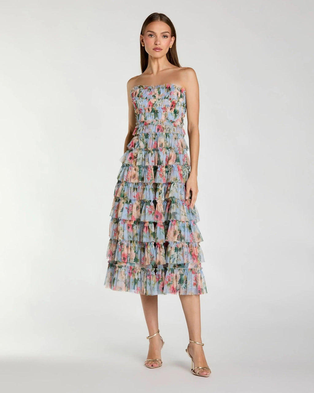 Blue Multi Floral Tiered Strapless Midi Dress