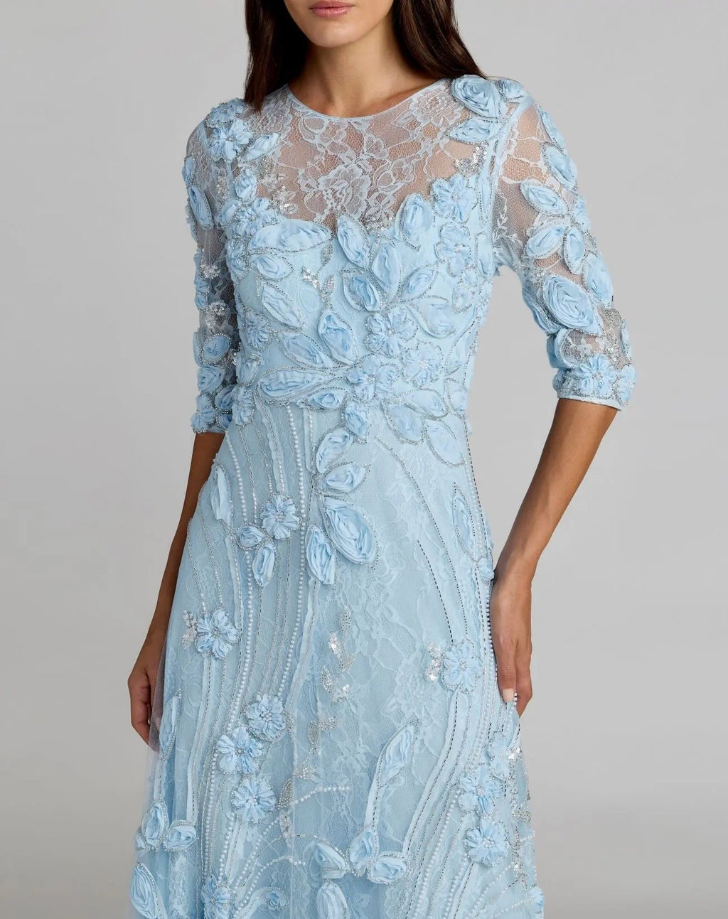 Periwinkle High Neck Embellished Lace Gown With 3/4 Sleeves