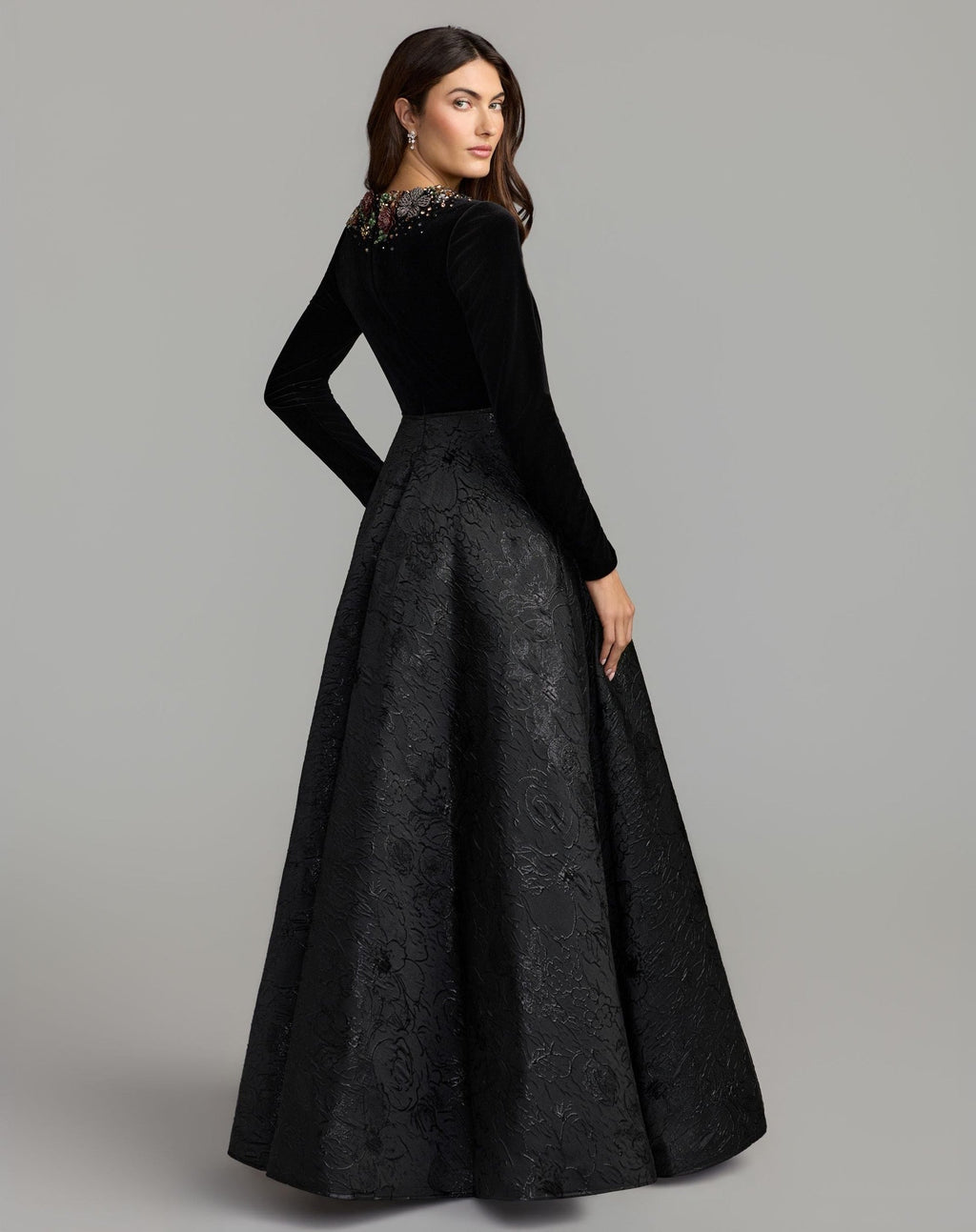 Black Multi Embellished Long Sleeve Brocade Ball Gown