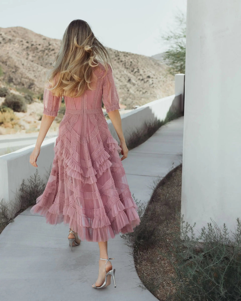 Pink High Neck Ruffle Tiered A-Line Midi Dress