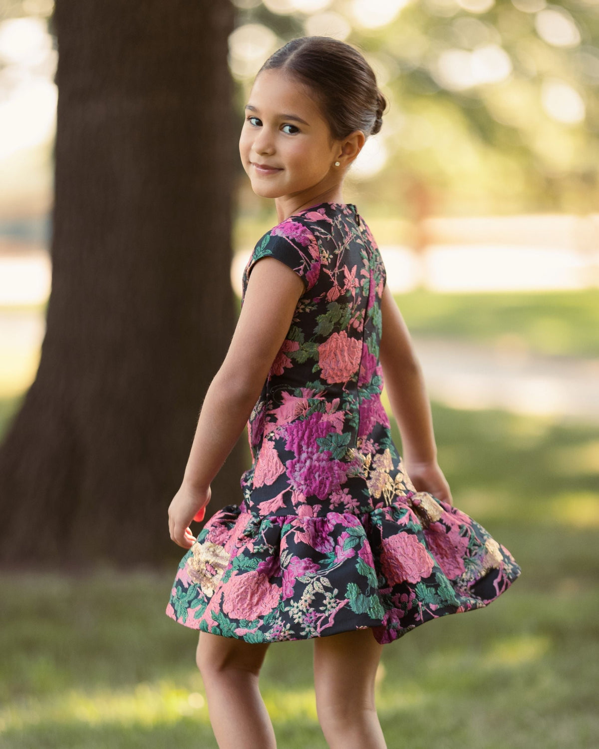 Girls Black Multi Floral Brocade Drop Waist Mini Dress