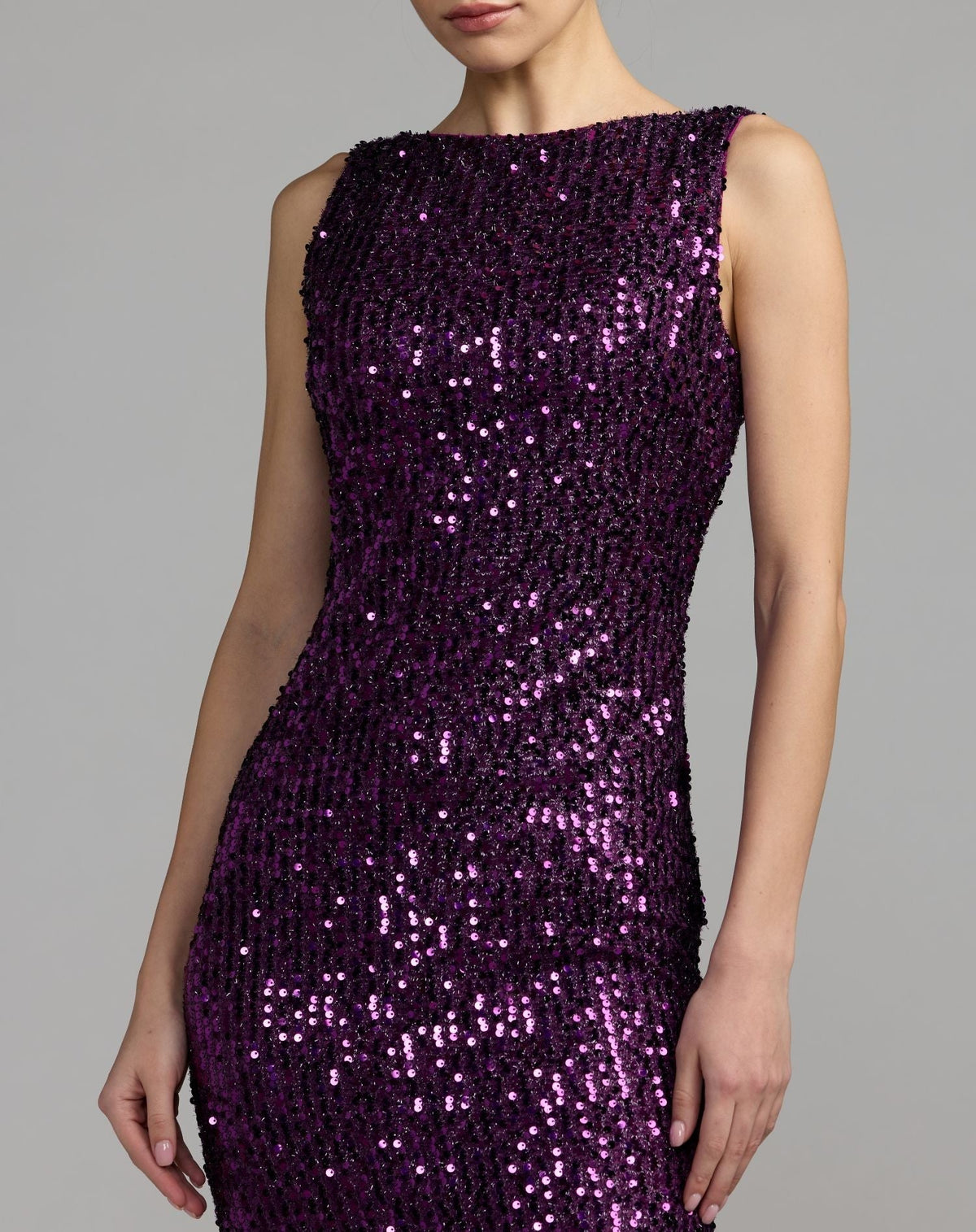 Plum Sleeveless Cowl Back Sequin Evening Gown