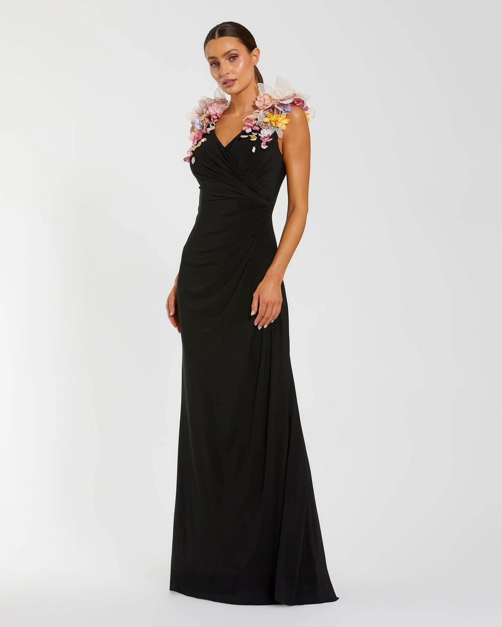 Black Multi Jersey V-Neck Gown With 3D Flowers