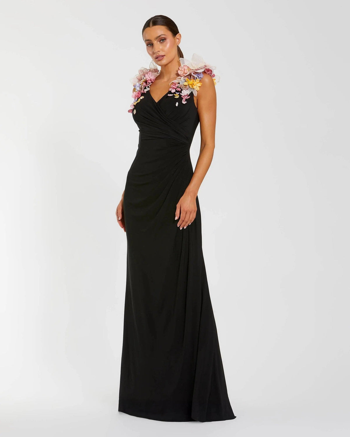 Black Multi Jersey V-Neck Gown With 3D Flowers