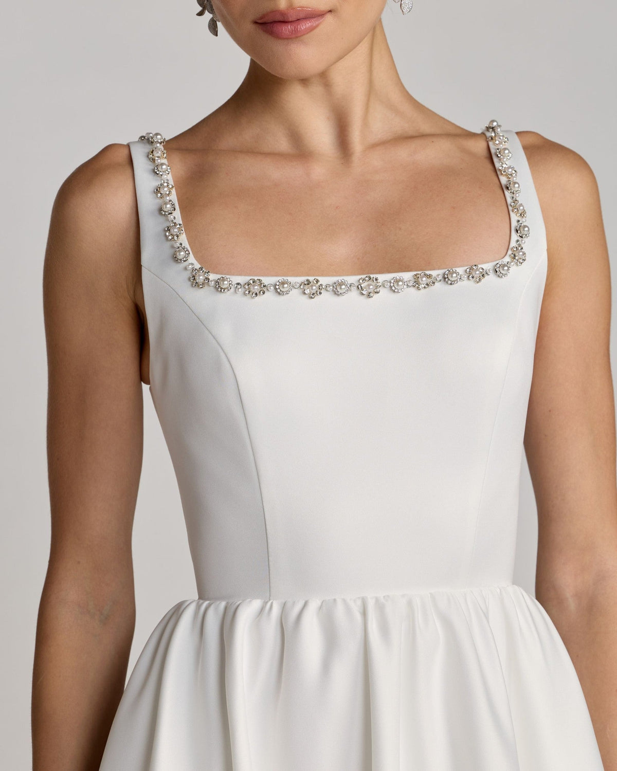 White Embellished Square Neck A-Line Midi Dress