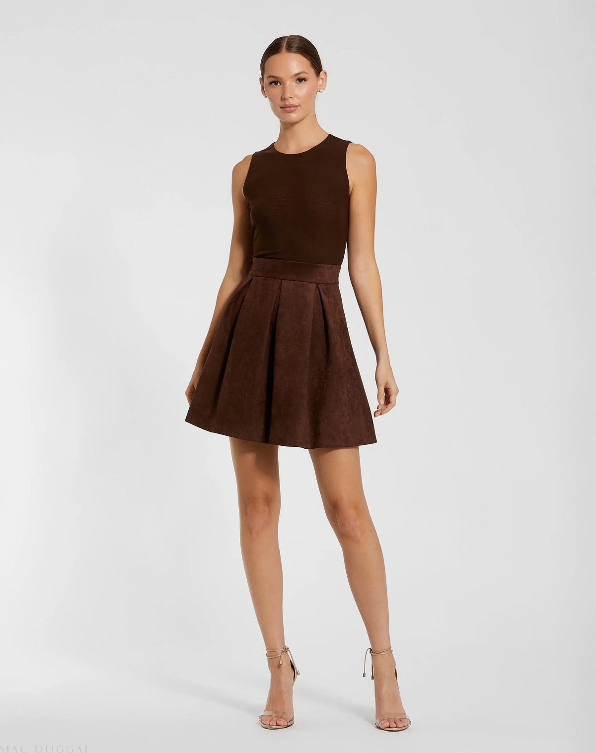 Brown Sleeveless Mesh And Suede A Line Mini Dress