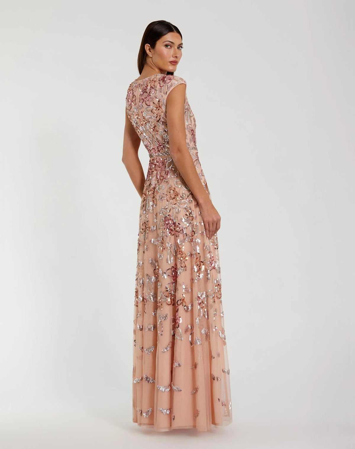 Coral Sequin High Neck Cap Sleeve A Line Gown