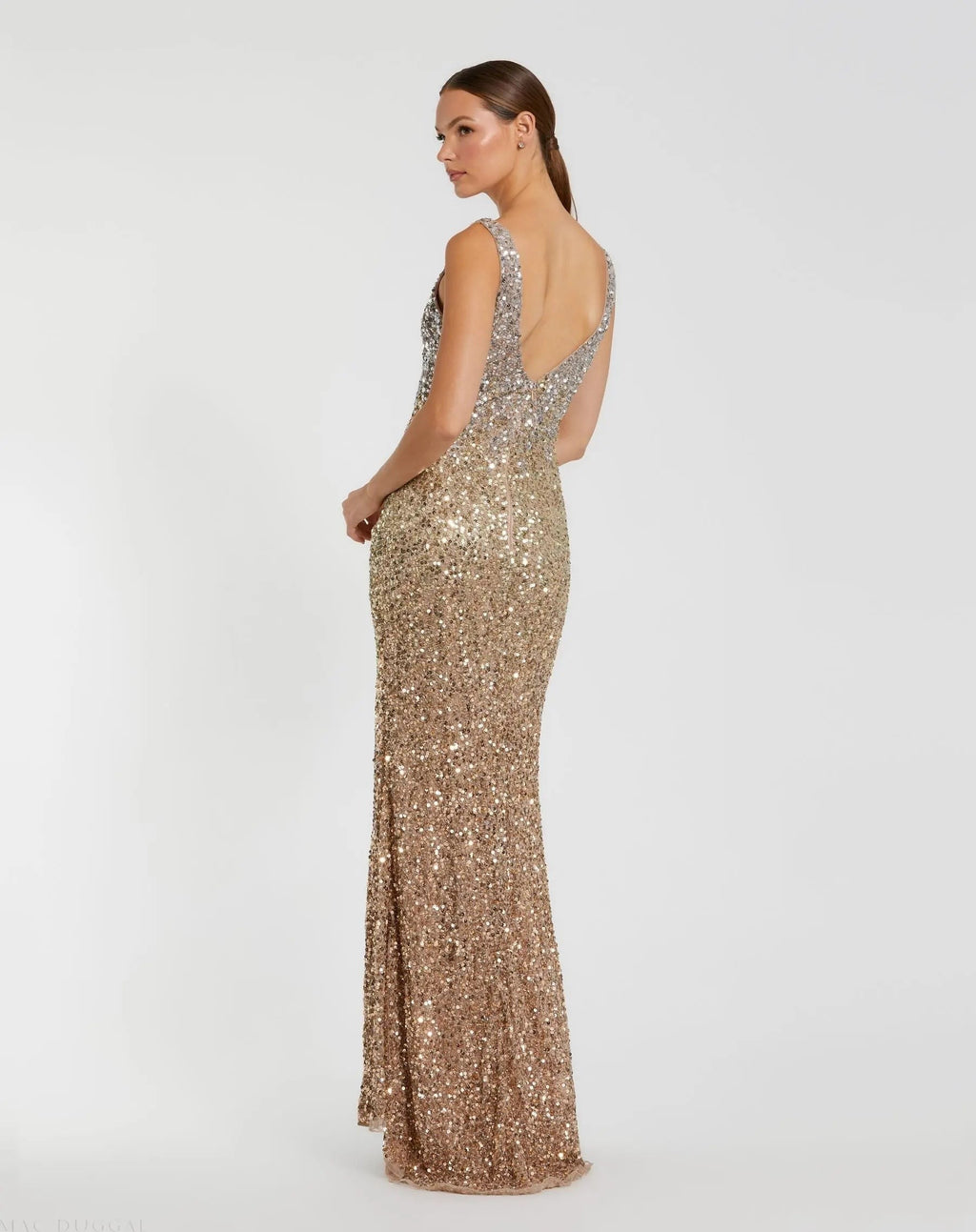 Shimmering Gold Sleeveless V-Neck Embellished Gown