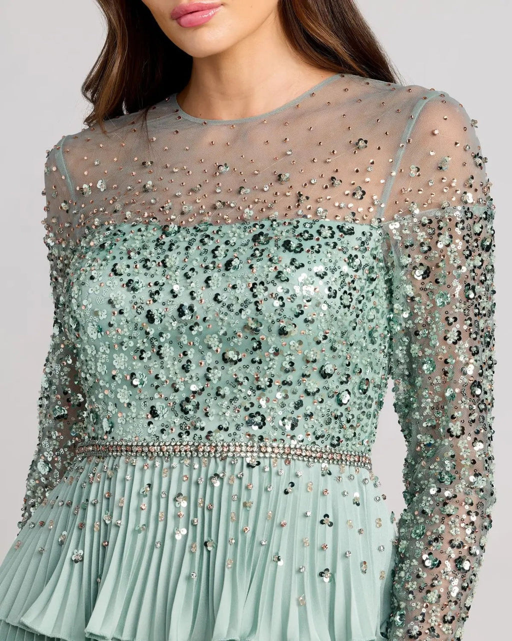 Sage Embellished Illusion Long Sleeve Ruffle Gown
