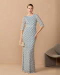 Vintage Blue Pearl Embellished 3/4 Sleeve Gown
