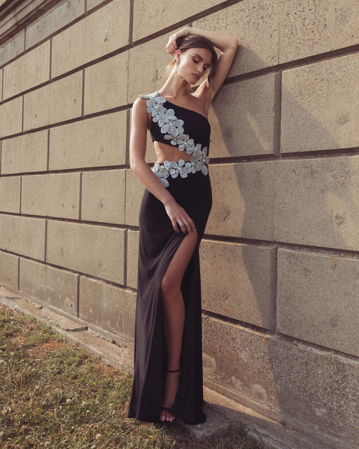 Black One Shoulder 3D Floral Jersey Gown