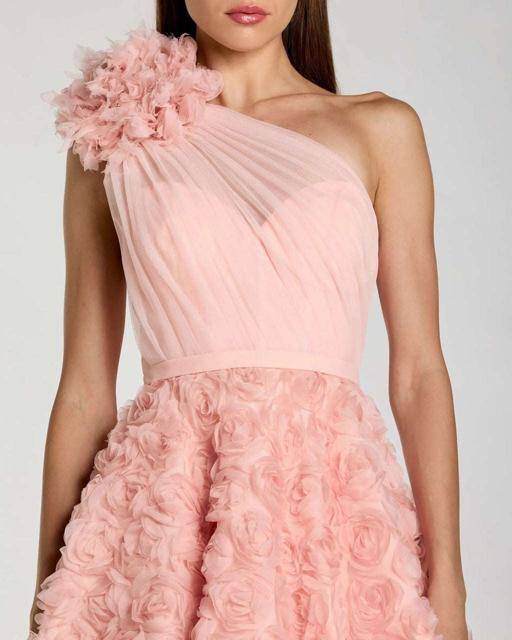 Blush One Shoulder 3D Floral Rosette Midi Dress