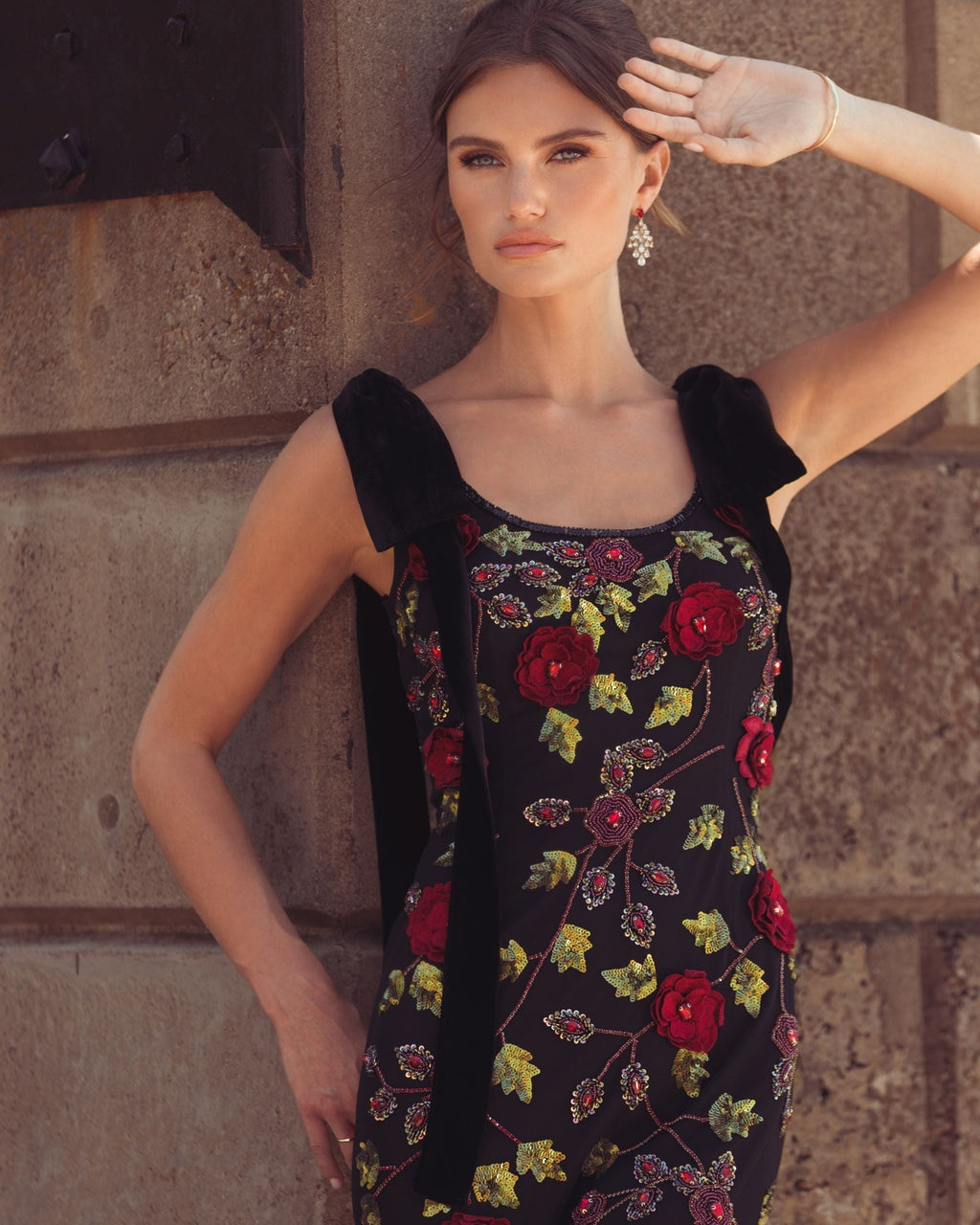 Black Red 3D Floral Embellished Gown With Velvet Bows