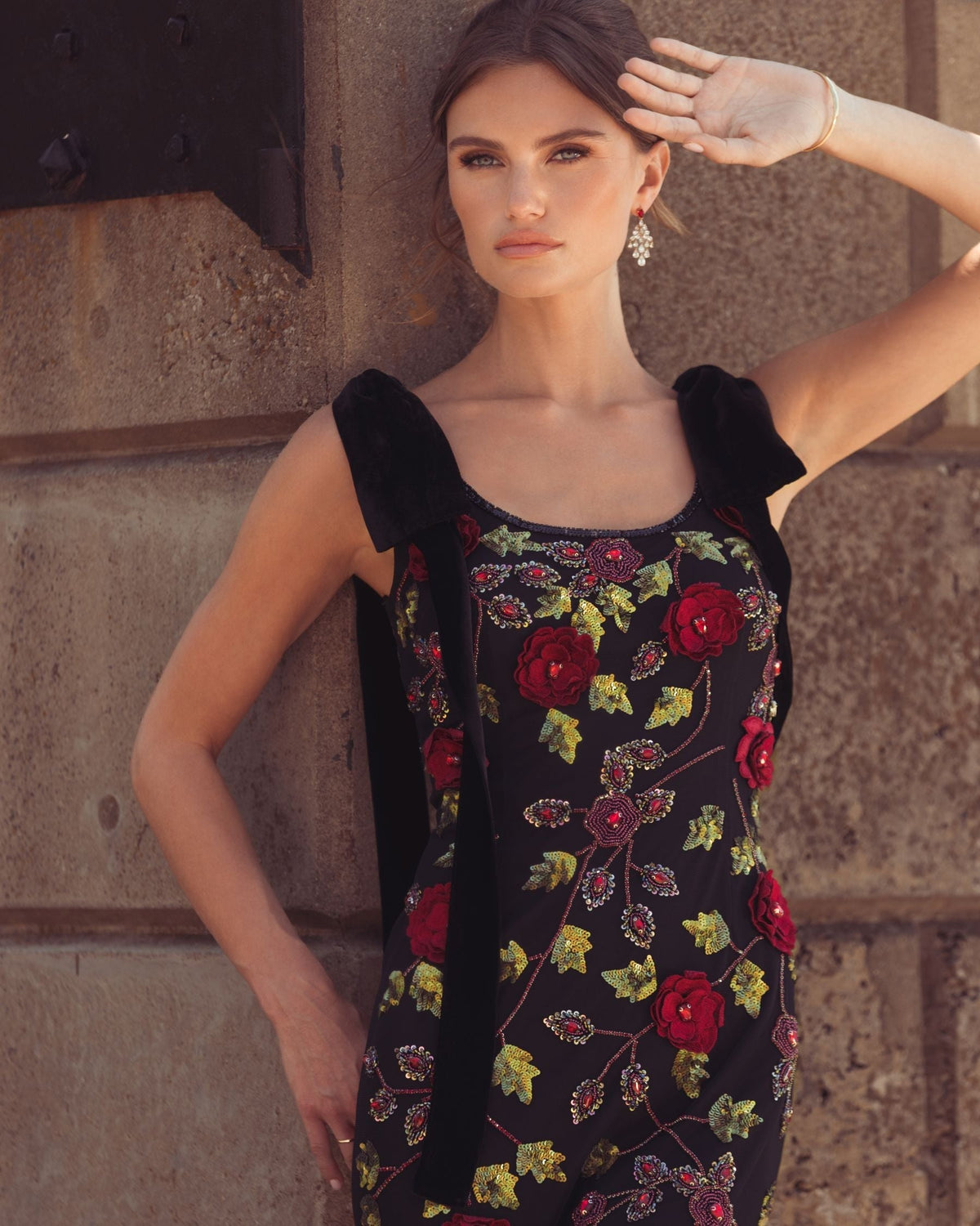 Black Red 3D Floral Embellished Gown With Velvet Bows
