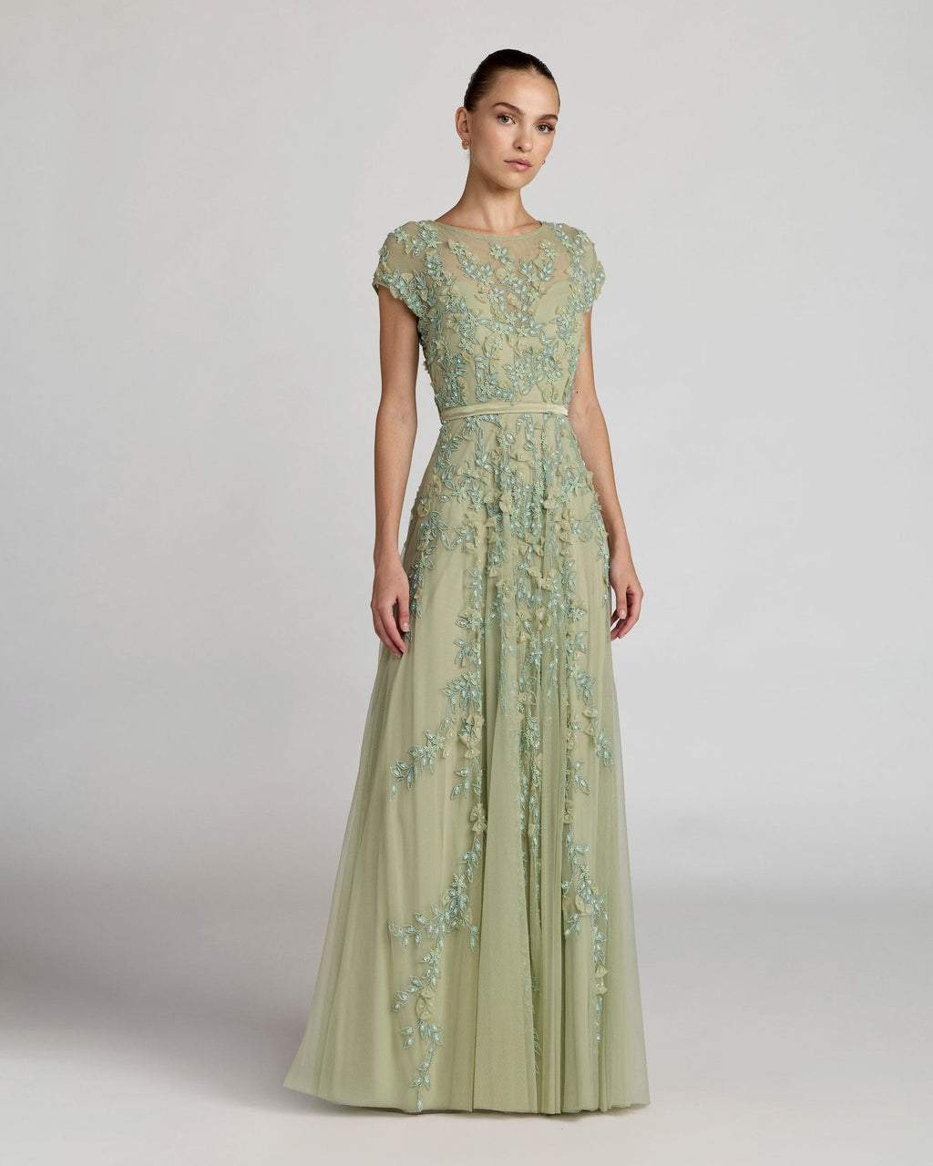 Sage Floral Embellished Cap Sleeve Gown