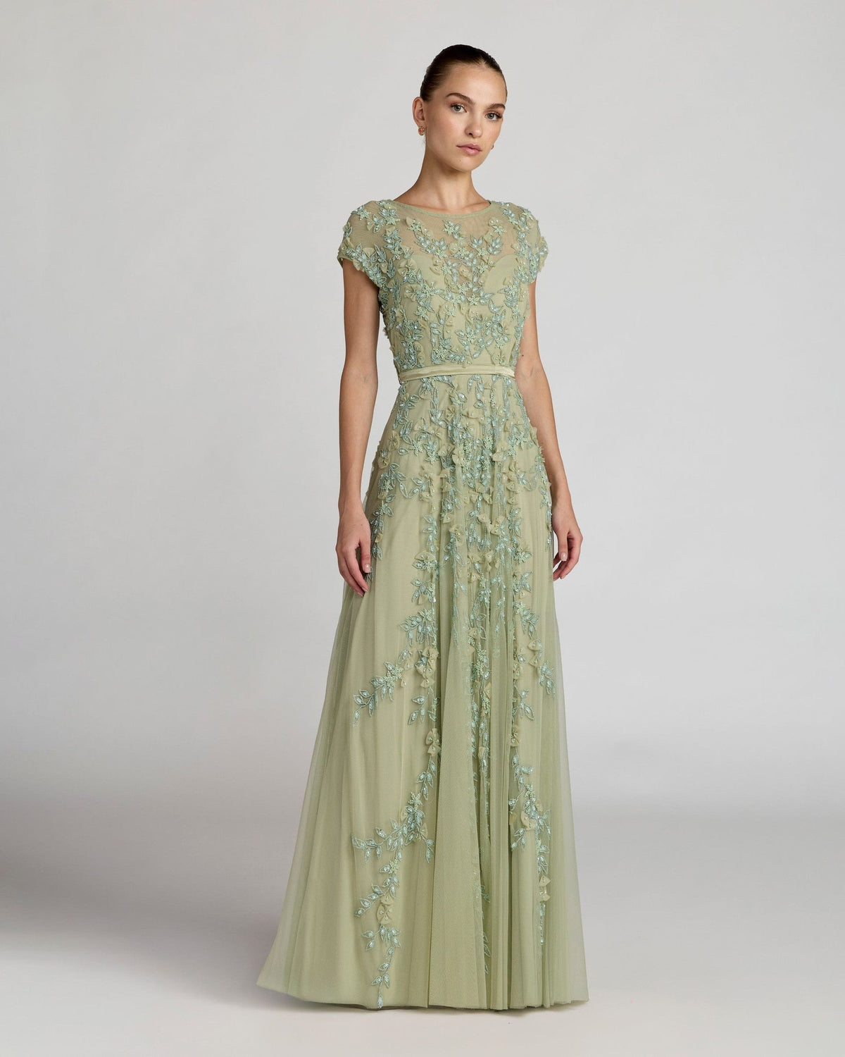 Sage Floral Embellished Cap Sleeve Gown