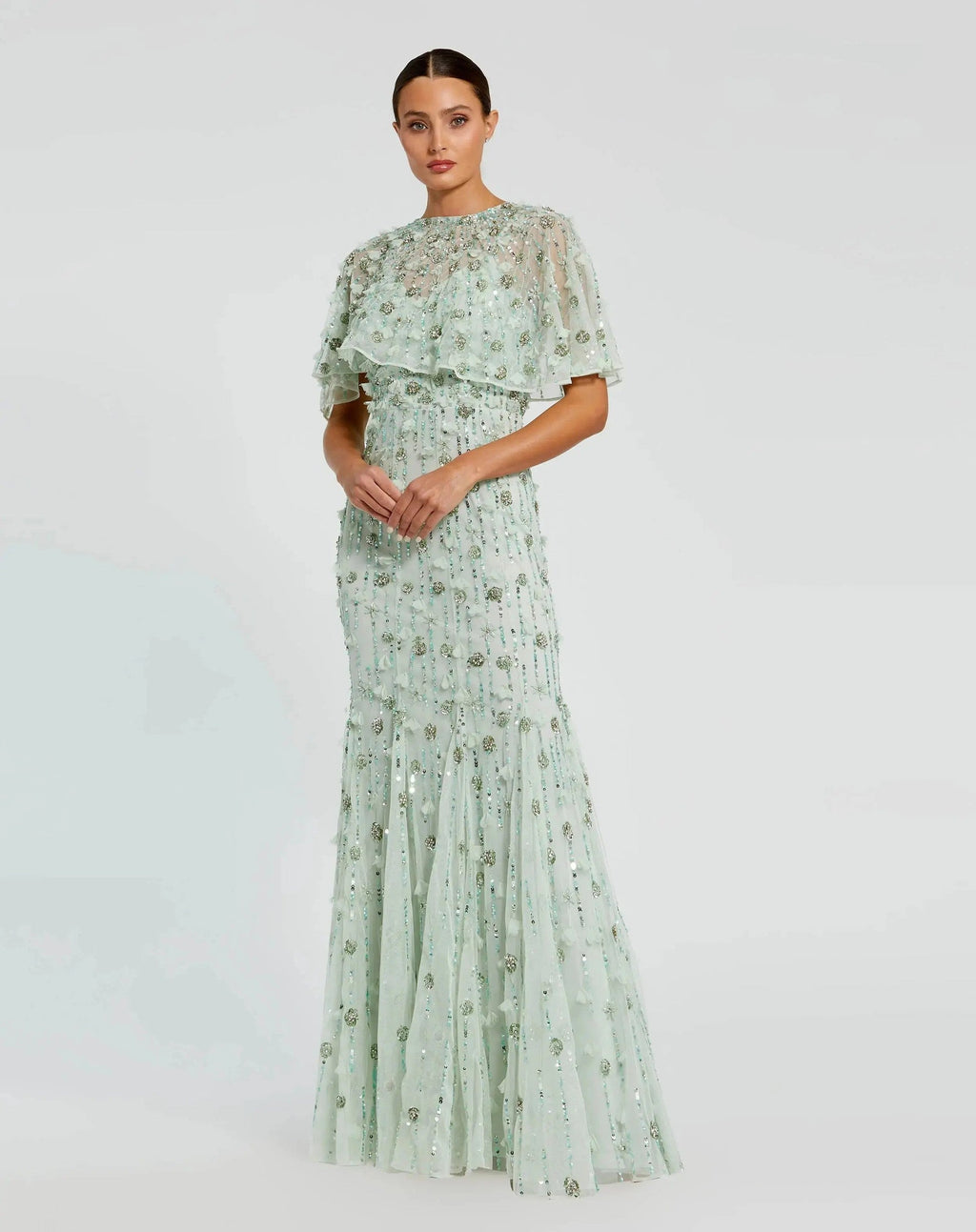 Sage Embellished Illusion Cape Sleeve Trumpet Gown