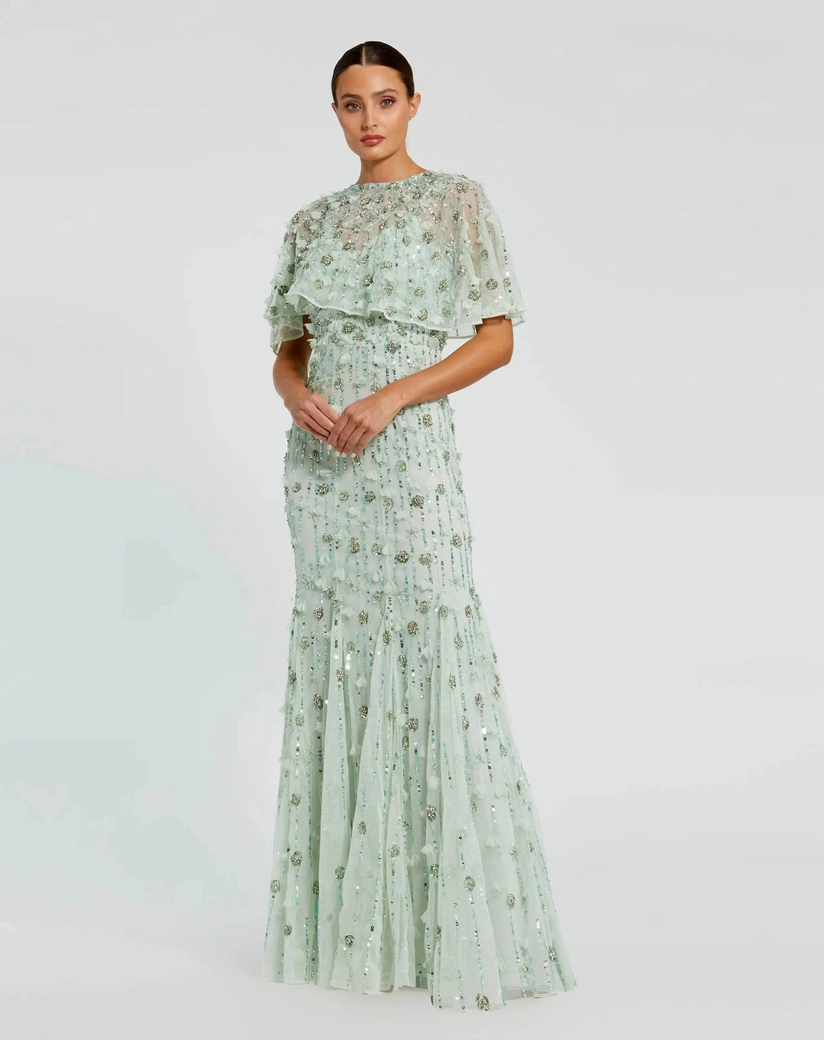 Sage Embellished Illusion Cape Sleeve Trumpet Gown