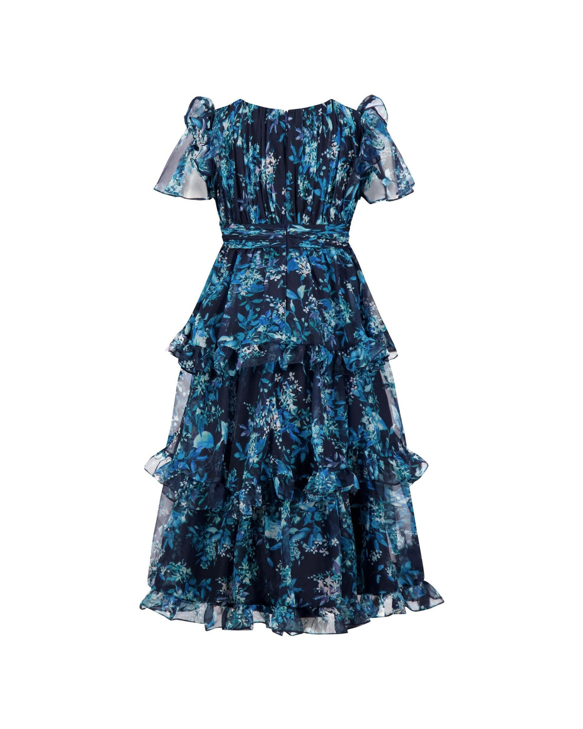 Girls Midnight Multi Floral Chiffon Tiered Ruffle Dress