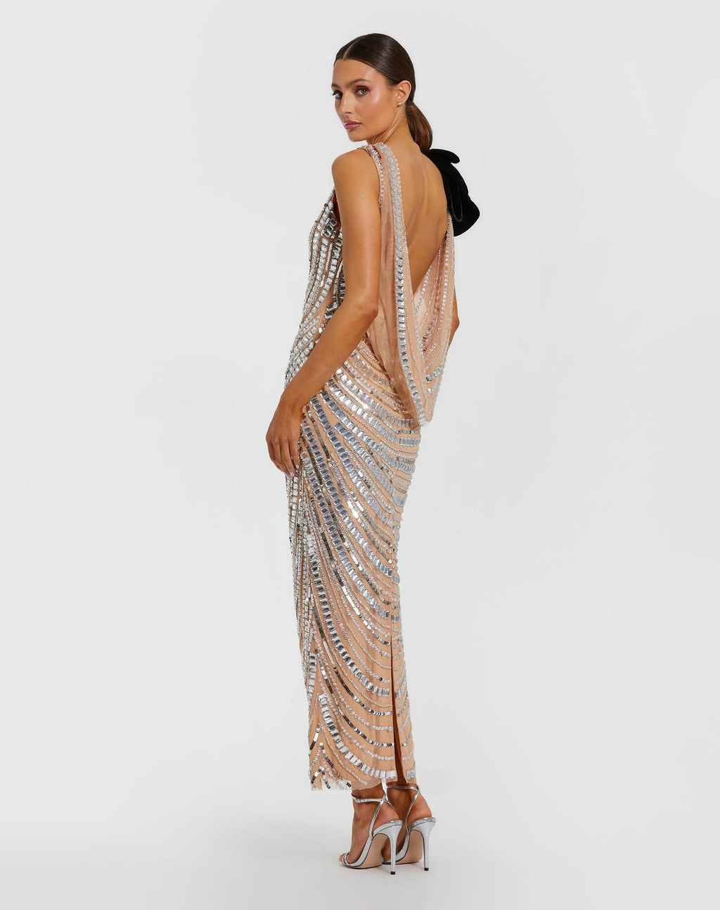 Silver Nude Sequin Cowl Maxi Dress With Velvet Flower