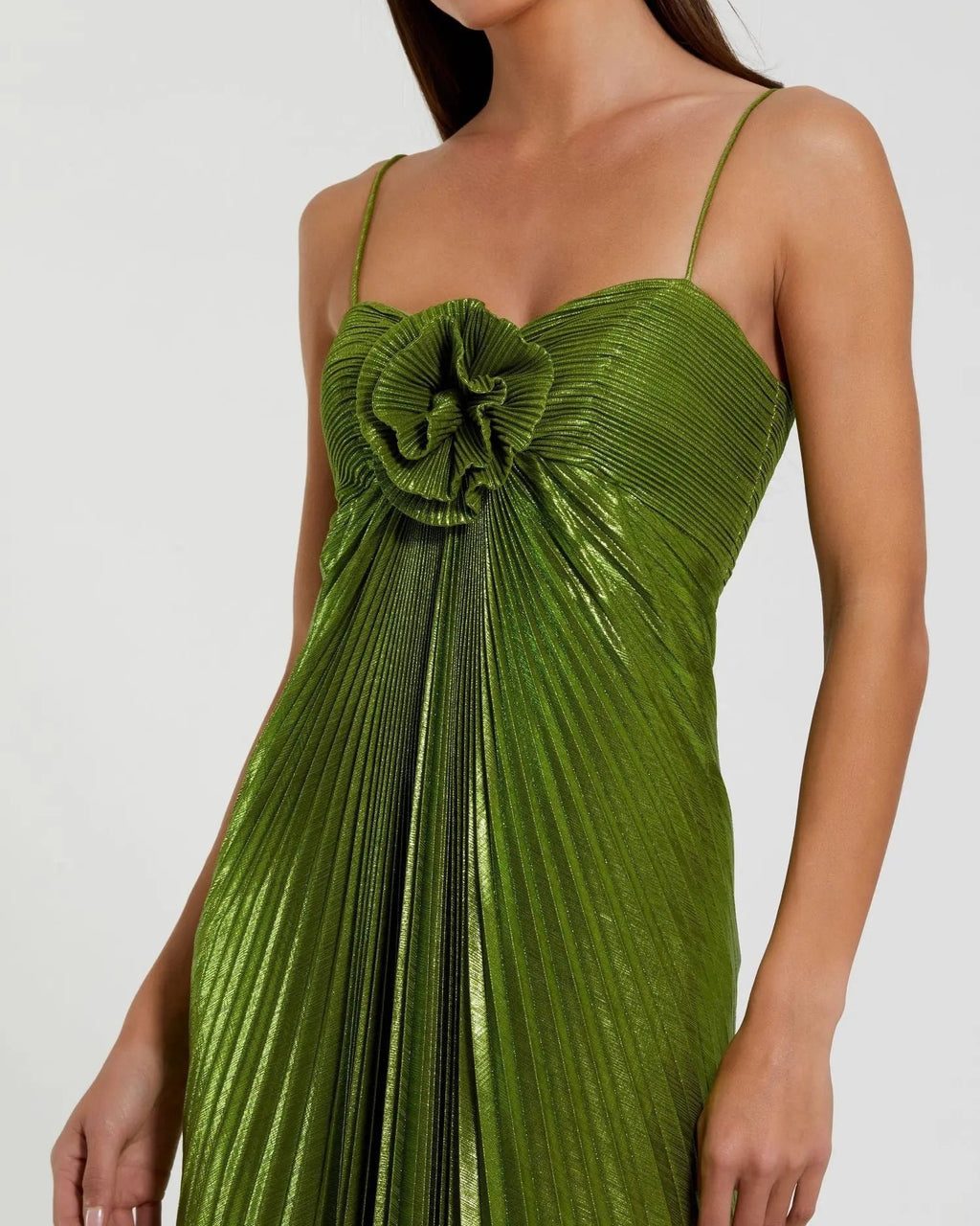 Apple Green Metallic Pleated Gown With 3D Flower
