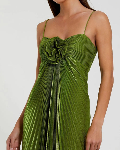 Apple Green Metallic Pleated Gown With 3D Flower
