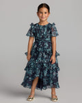 Girls Midnight Multi Floral Chiffon Tiered Ruffle Dress