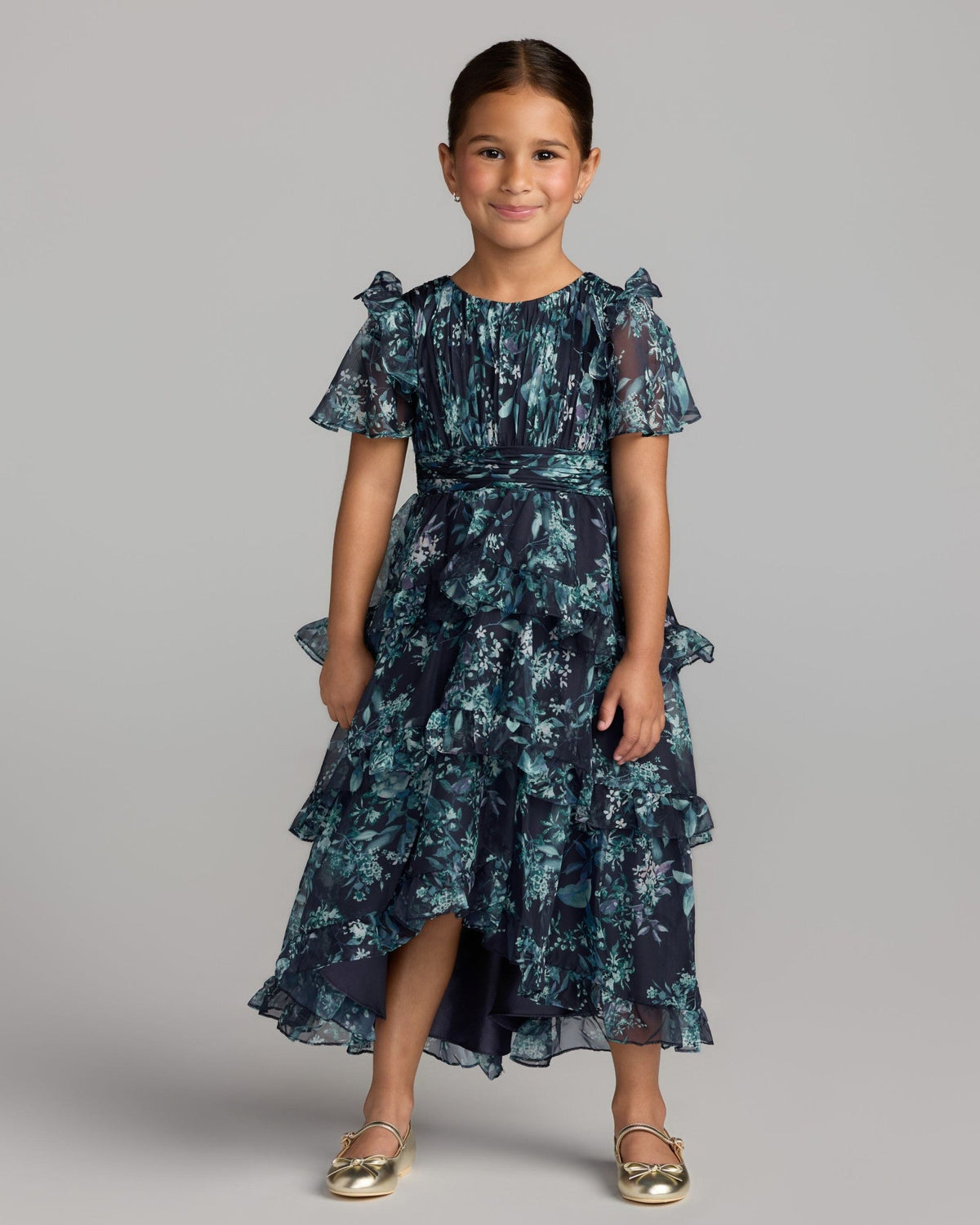 Girls Midnight Multi Floral Chiffon Tiered Ruffle Dress