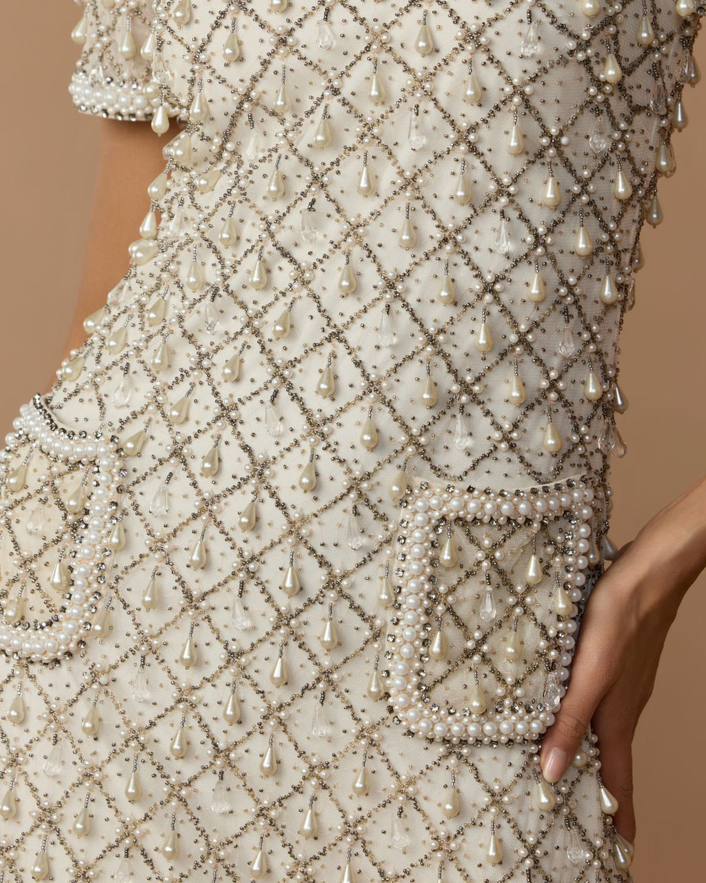 Oyster Short Sleeve Pearl Embellished Mini Dress