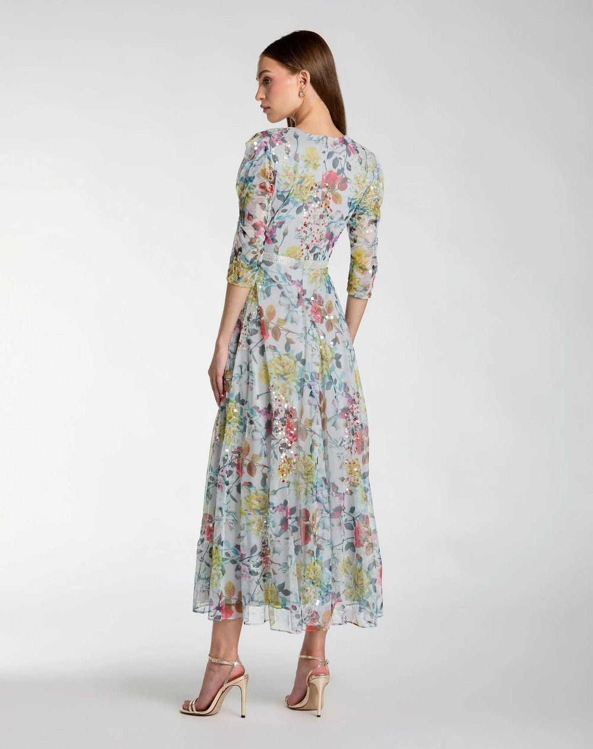 Blue Multicolor Floral Midi Dress With 3/4 Sleeves