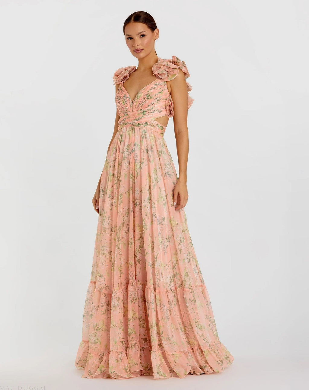 Pink Ruffle Tiered Floral Cut-Out Chiffon Gown